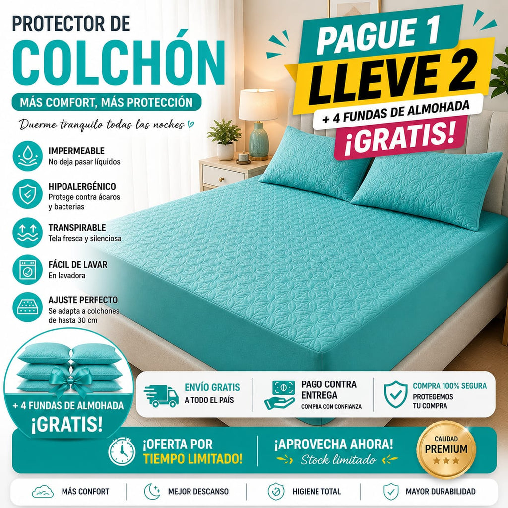 OFERTA EN CUBRE COLCHON PAGUE 1 LLEVE 2 + 4 FUNDAS DE ALMOHADA GRATIS